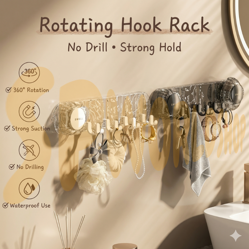 【READY STOCK】Wall-Mounted Rotating Suction Cup Hook | No-Drill Multi-Hook Hanger for Kitchen Bathroom Storage | 强力吸盘联排挂钩