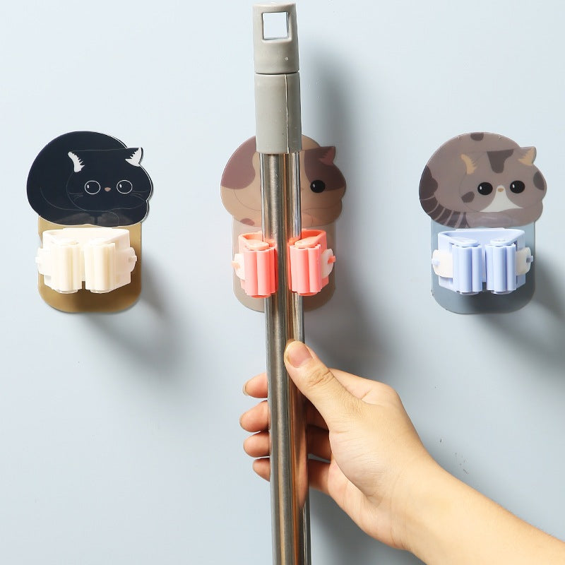 READY STOCK!!! Cat Mop Broom holder bathroom hook Kucing Strong adhesive Free Punching Wall Stick Holder 可爱挂拖把架卫生间挂