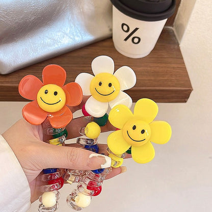 Sunflower Happy Face Spiral Hair Tie - Colorful Bead Accent Ponytail Holder-CSW1011