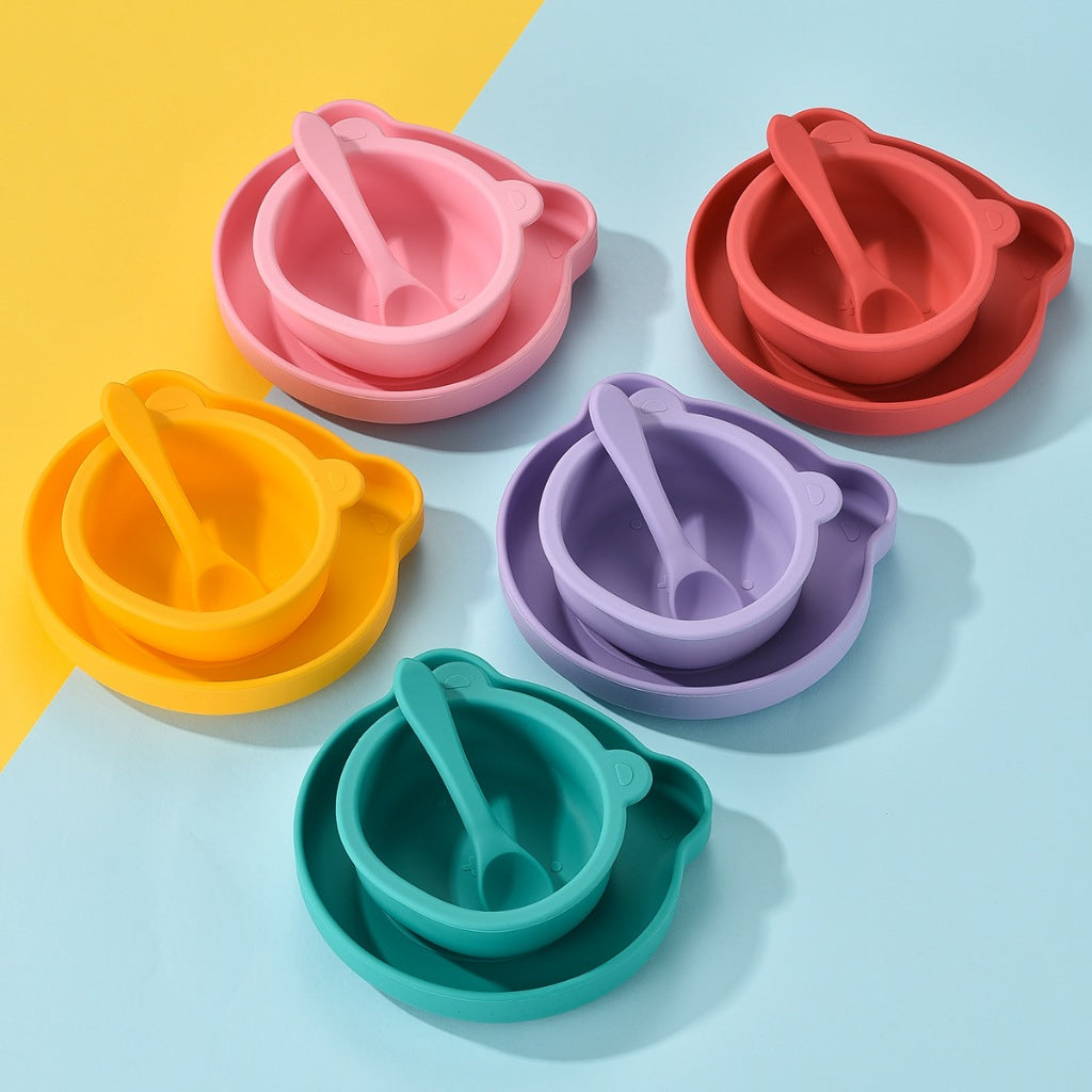 Silicone Baby Plate Bowl Set Spoon Bear BPA free Kids suction feeding Pingan Mangkuk sudu bayi
