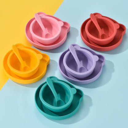 Silicone Baby Plate Bowl Set Spoon Bear BPA free Kids suction feeding Pingan Mangkuk sudu bayi