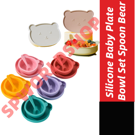 Silicone Baby Plate Bowl Set Spoon Bear BPA free Kids suction feeding Pingan Mangkuk sudu bayi