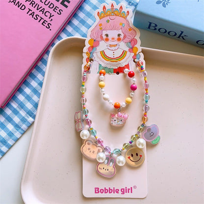 Korean Fashion Cute Cartoon Charm Bead Necklace Bracelet Ear Clip Set For Kids-CSW1002