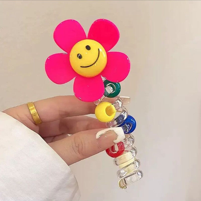 Sunflower Happy Face Spiral Hair Tie - Colorful Bead Accent Ponytail Holder-CSW1011
