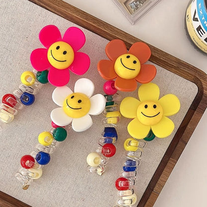 Sunflower Happy Face Spiral Hair Tie - Colorful Bead Accent Ponytail Holder-CSW1011