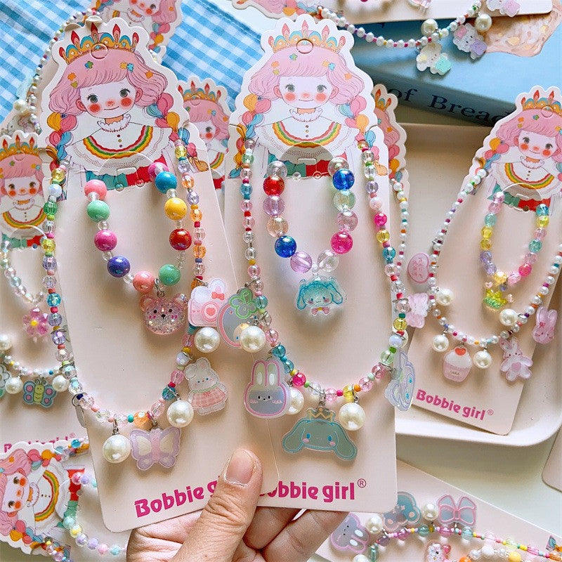 Korean Fashion Cute Cartoon Charm Bead Necklace Bracelet Ear Clip Set For Kids-CSW1002