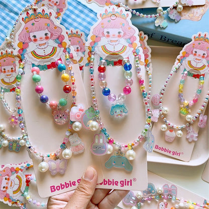 Korean Fashion Cute Cartoon Charm Bead Necklace Bracelet Ear Clip Set For Kids-CSW1002