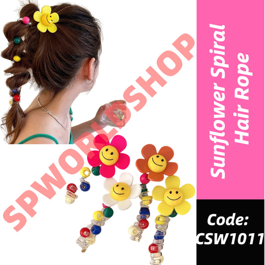 Sunflower Happy Face Spiral Hair Tie - Colorful Bead Accent Ponytail Holder-CSW1011