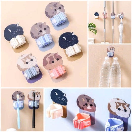 READY STOCK!!! Cat Mop Broom holder bathroom hook Kucing Strong adhesive Free Punching Wall Stick Holder 可爱挂拖把架卫生间挂