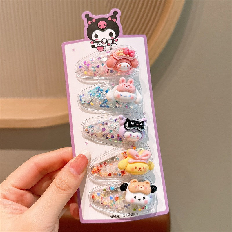 5Pcs Sanrio Kuromi Cinnamoroll Girls Hairpin Cute Quicksand Babies Hair Clip-CSW1010