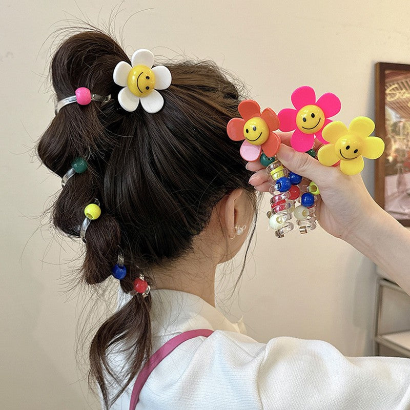 Sunflower Happy Face Spiral Hair Tie - Colorful Bead Accent Ponytail Holder-CSW1011