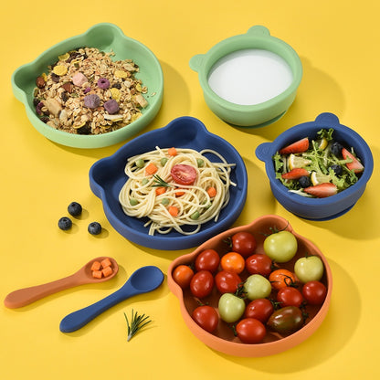 Silicone Baby Plate Bowl Set Spoon Bear BPA free Kids suction feeding Pingan Mangkuk sudu bayi