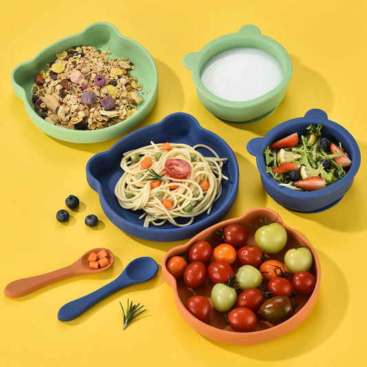 Silicone Baby Plate Bowl Set Spoon Bear BPA free Kids suction feeding Pingan Mangkuk sudu bayi