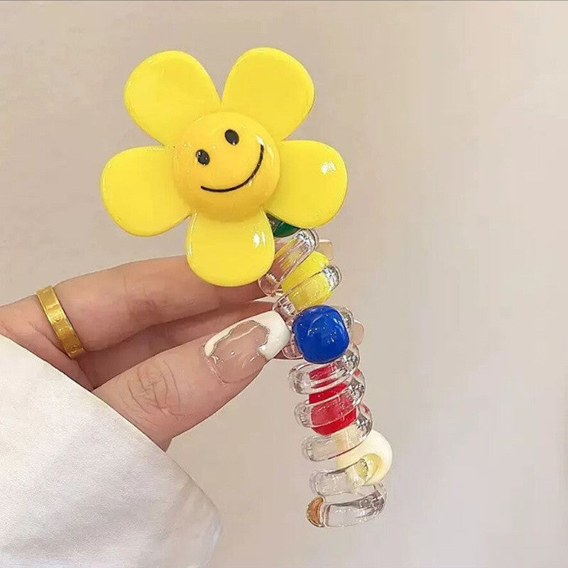 Sunflower Happy Face Spiral Hair Tie - Colorful Bead Accent Ponytail Holder-CSW1011