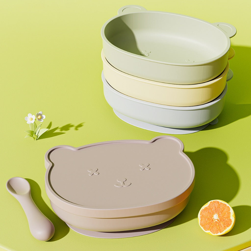 Silicone Baby Plate Bowl Set Spoon Bear BPA free Kids suction feeding Pingan Mangkuk sudu bayi
