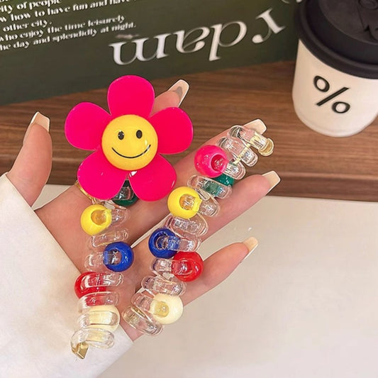 Sunflower Happy Face Spiral Hair Tie - Colorful Bead Accent Ponytail Holder-CSW1011