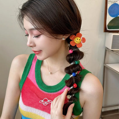 Sunflower Happy Face Spiral Hair Tie - Colorful Bead Accent Ponytail Holder-CSW1011