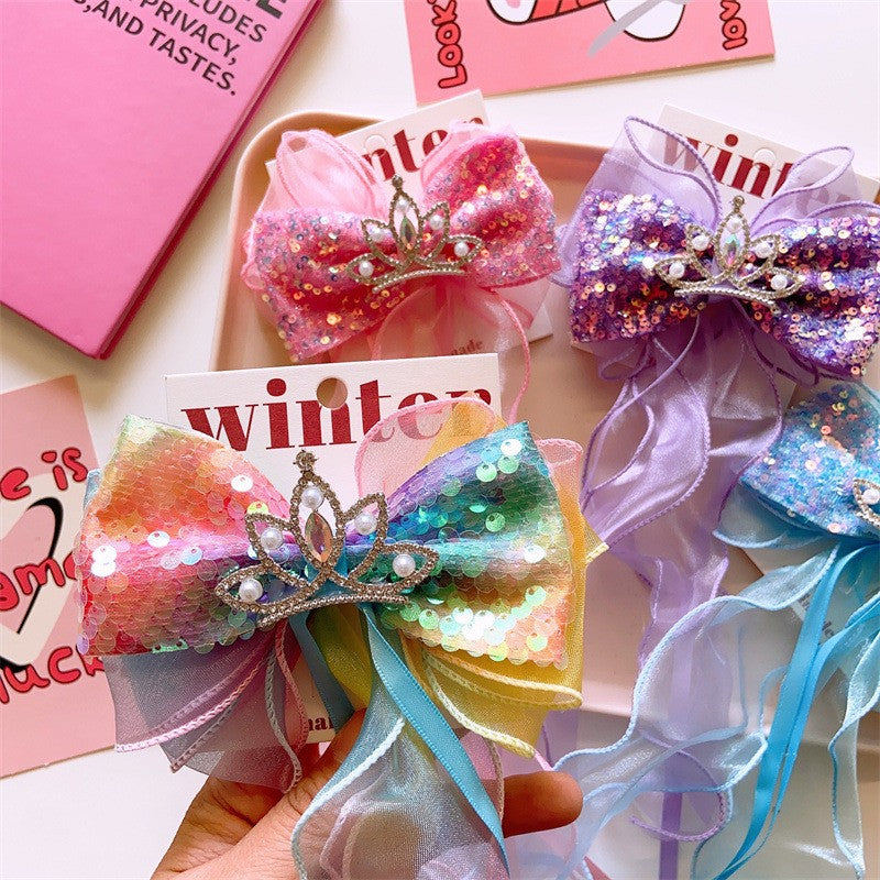 Children's Bows Gradient Color Princess Crown Hair Clips Standing Bowknot Hairpin-CSW1018