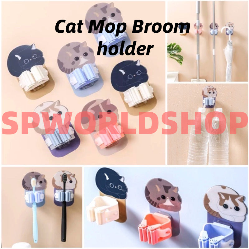 READY STOCK!!! Cat Mop Broom holder bathroom hook Kucing Strong adhesive Free Punching Wall Stick Holder 可爱挂拖把架卫生间挂