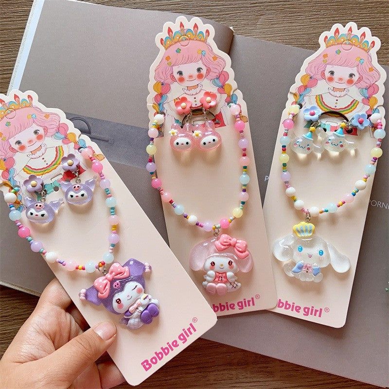 Korean Fashion Cute Cartoon Charm Bead Necklace Bracelet Ear Clip Set For Kids-CSW1002