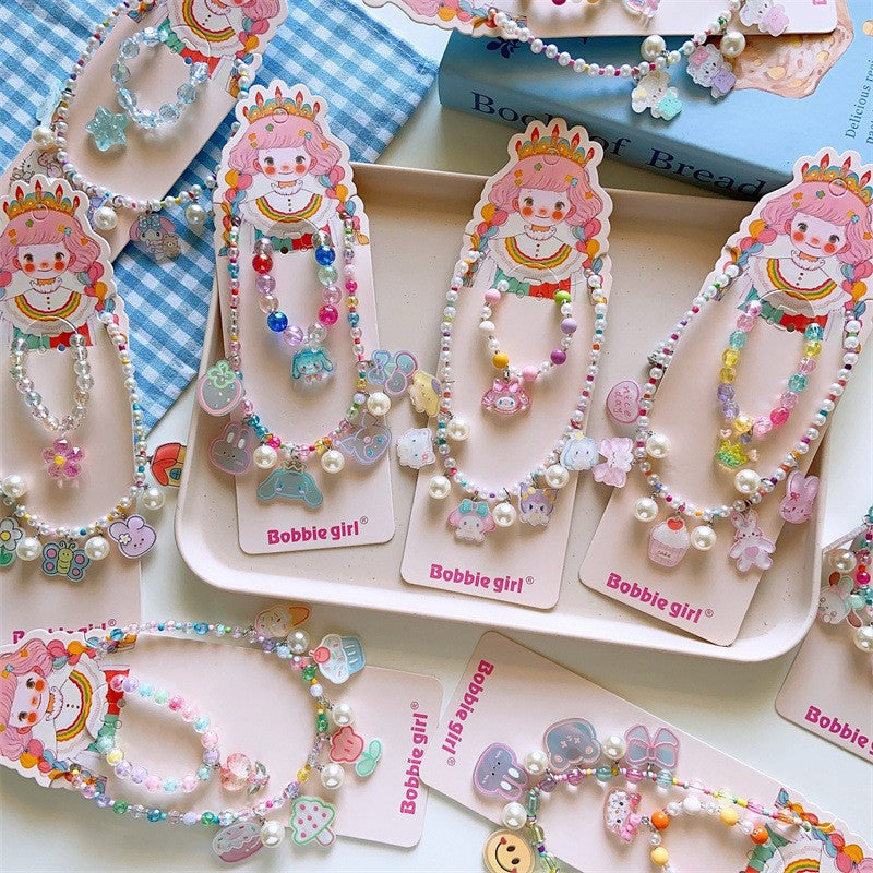 Korean Fashion Cute Cartoon Charm Bead Necklace Bracelet Ear Clip Set For Kids-CSW1002