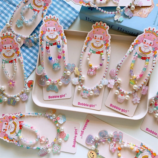 Korean Fashion Cute Cartoon Charm Bead Necklace Bracelet Ear Clip Set For Kids-CSW1002
