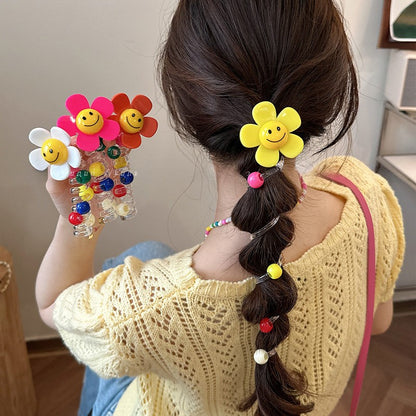 Sunflower Happy Face Spiral Hair Tie - Colorful Bead Accent Ponytail Holder-CSW1011