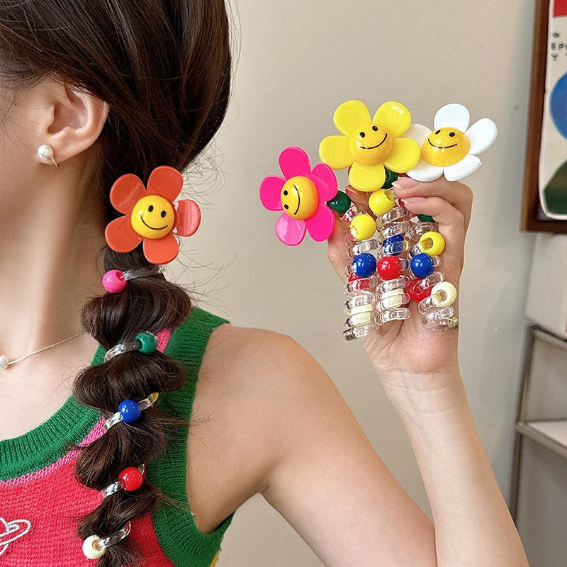 Sunflower Happy Face Spiral Hair Tie - Colorful Bead Accent Ponytail Holder-CSW1011