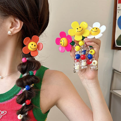 Sunflower Happy Face Spiral Hair Tie - Colorful Bead Accent Ponytail Holder-CSW1011