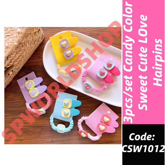 3pcs/set Fashion Heart Design Hair Clips Hair Tie Candy Color Hairpins Sweet Headwear Hair Accessories-CSW1012