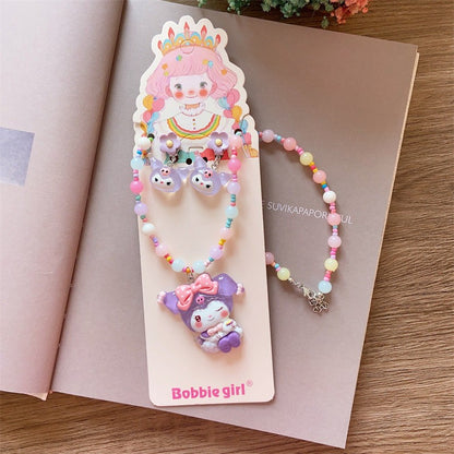 Korean Fashion Cute Cartoon Charm Bead Necklace Bracelet Ear Clip Set For Kids-CSW1002