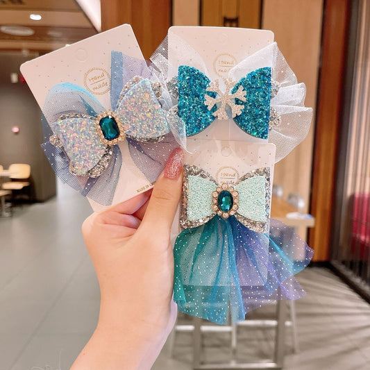 Gorgeous Princess Bow Knot Mesh Crystal Hair Clips Perfect for Kids' Hair Accessories-CSW1017