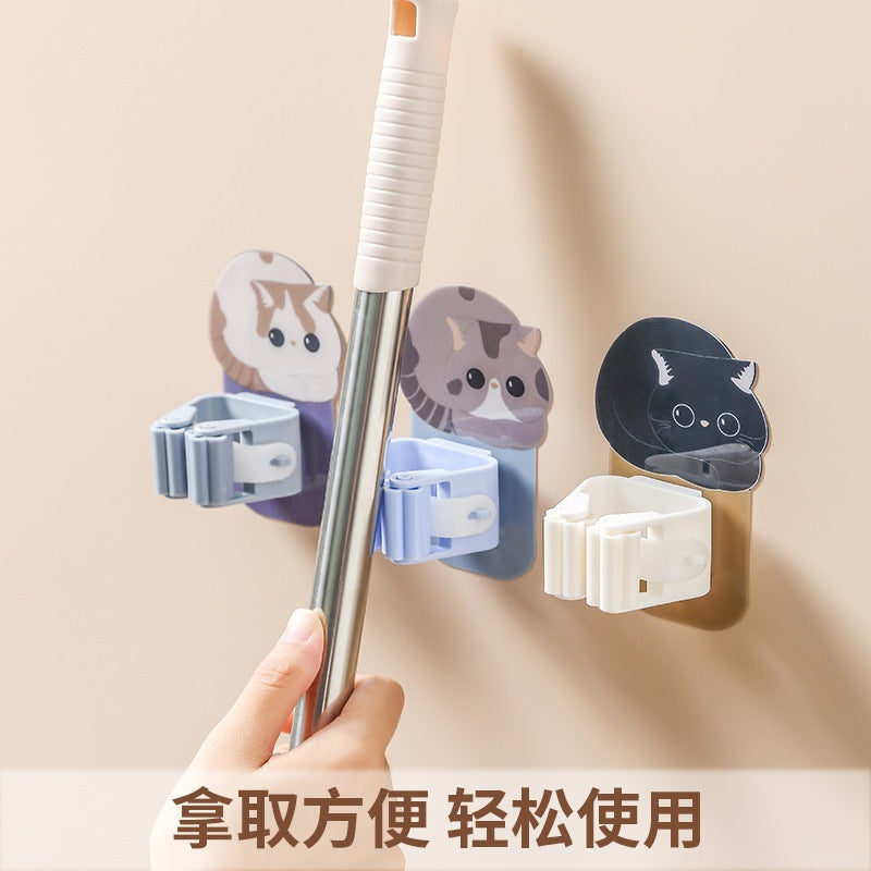 READY STOCK!!! Cat Mop Broom holder bathroom hook Kucing Strong adhesive Free Punching Wall Stick Holder 可爱挂拖把架卫生间挂