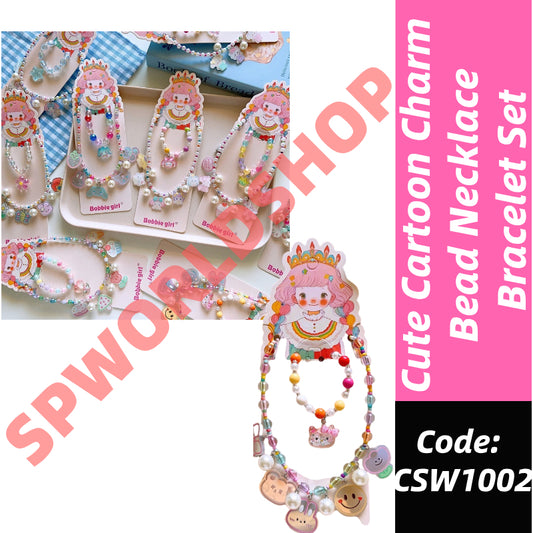 Korean Fashion Cute Cartoon Charm Bead Necklace Bracelet Ear Clip Set For Kids-CSW1002