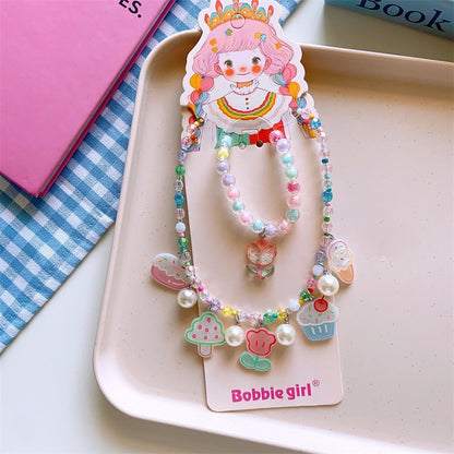 Korean Fashion Cute Cartoon Charm Bead Necklace Bracelet Ear Clip Set For Kids-CSW1002