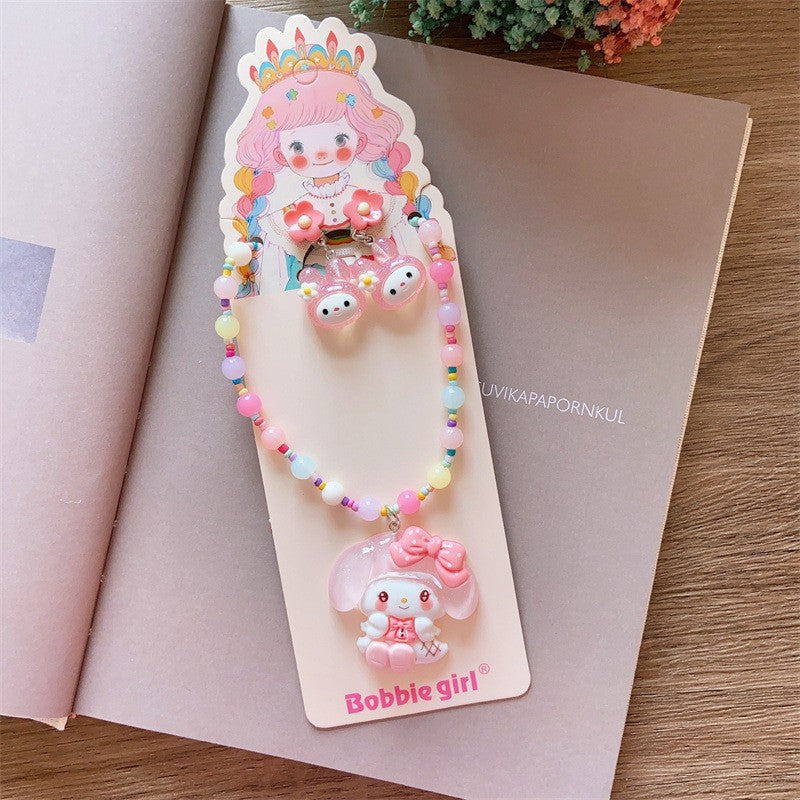 Korean Fashion Cute Cartoon Charm Bead Necklace Bracelet Ear Clip Set For Kids-CSW1002