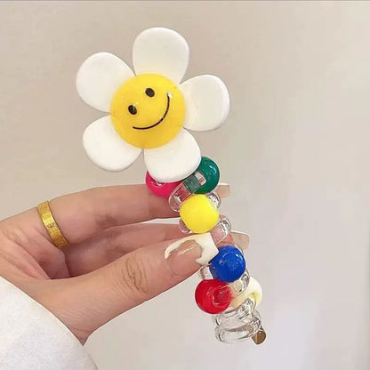 Sunflower Happy Face Spiral Hair Tie - Colorful Bead Accent Ponytail Holder-CSW1011