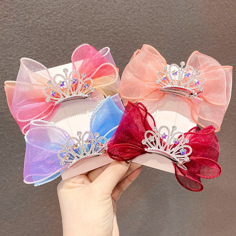Children's Bows Gradient Color Princess Crown Hair Clips Standing Bowknot Hairpin-CSW1018