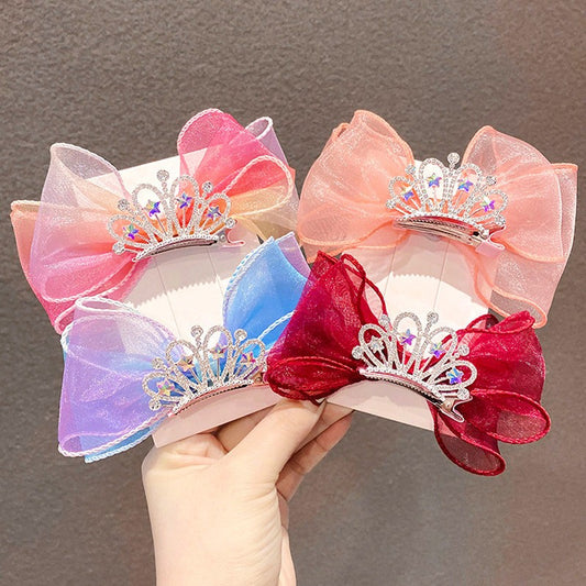 Children's Bows Gradient Color Princess Crown Hair Clips Standing Bowknot Hairpin-CSW1018