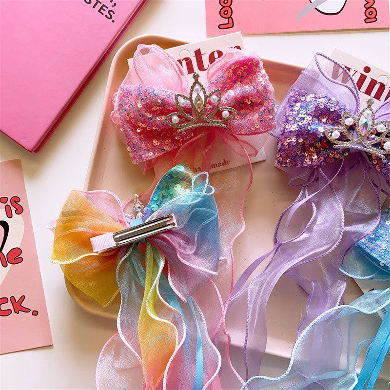 Children's Bows Gradient Color Princess Crown Hair Clips Standing Bowknot Hairpin-CSW1018