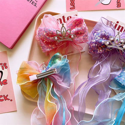 Children's Bows Gradient Color Princess Crown Hair Clips Standing Bowknot Hairpin-CSW1018