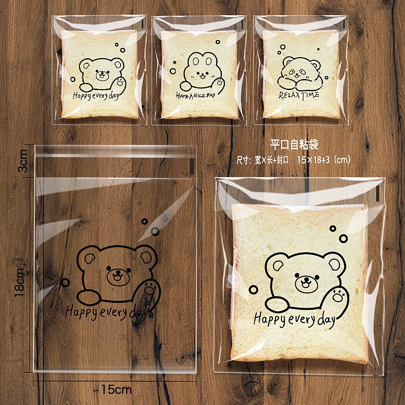 Cute Cartoon Transparent Self-adhesive Bread Bag Oil-proof Large Capacity Portable Bread Treat Bags-15180PP