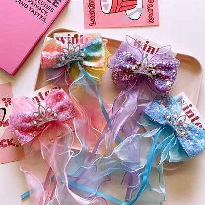 Children's Bows Gradient Color Princess Crown Hair Clips Standing Bowknot Hairpin-CSW1018