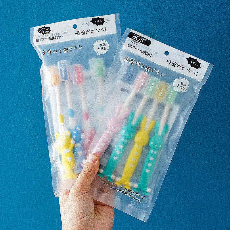 READY STOCK 4 In 1 Kid Toothbrush Set Cartoon Bear Rabbit Brush with Cover 4合1儿童牙刷套装