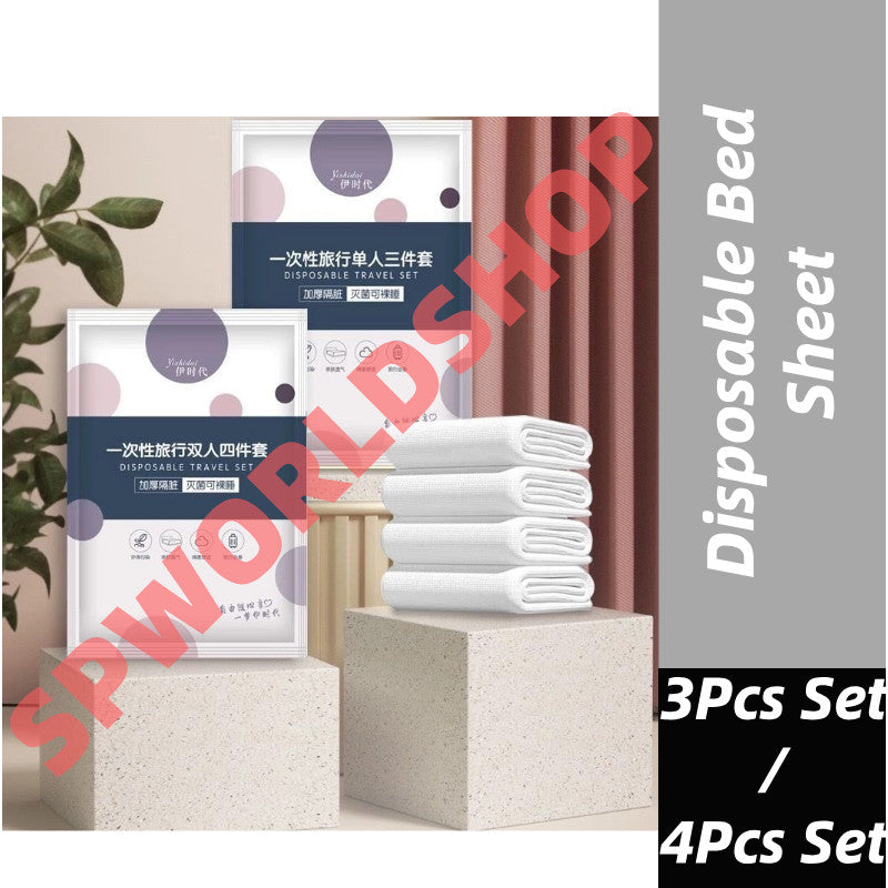 READY STOCK Travel Hotel Convenient Neat Disposable Bed Sheet Set Four-Piece Set / Three-Piece Set 一次性床单套装