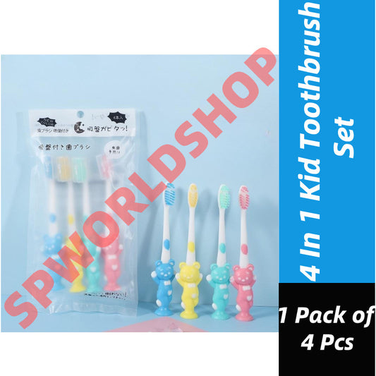 READY STOCK 4 In 1 Kid Toothbrush Set Cartoon Bear Rabbit Brush with Cover 4合1儿童牙刷套装