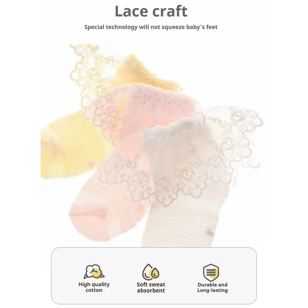 [Ready Stock] 0-3 Age Baby & Kids Lace Socks – Thin Cotton Breathable Ankle Socks for Girls-KS080