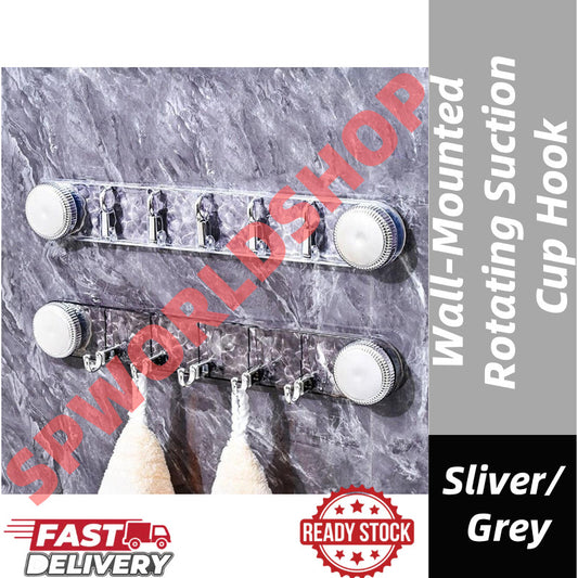 【READY STOCK】Wall-Mounted Rotating Suction Cup Hook | No-Drill Multi-Hook Hanger for Kitchen Bathroom Storage | 强力吸盘联排挂钩