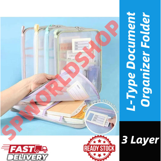 【READY STOCK】L-Type 3-Layer Document Organizer Folder | A4 Multi-Pocket File Holder L型拉链式三层科目分类袋