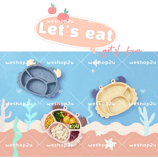 READY STOCK!!!Household Wheat Fiber Baby Cutlery Set Crab Child Cute Cartoon Divided Grid Drop Resistant Plate Fork